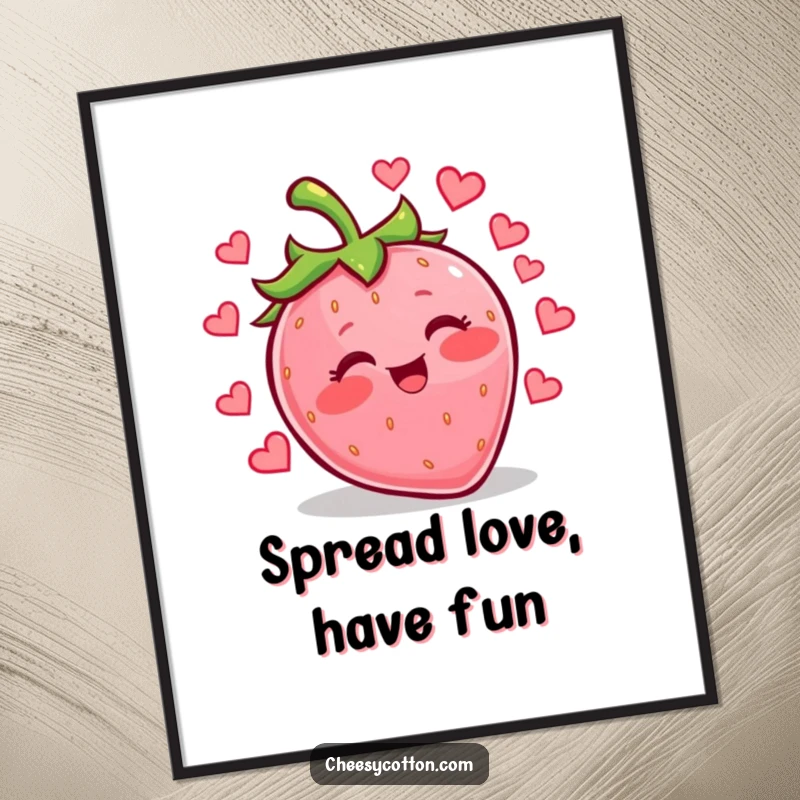 Funny Free Printable Wall Art: A kawaii strawberry with rosy cheeks giggling and juggling tiny hearts adds a whimsical touch.