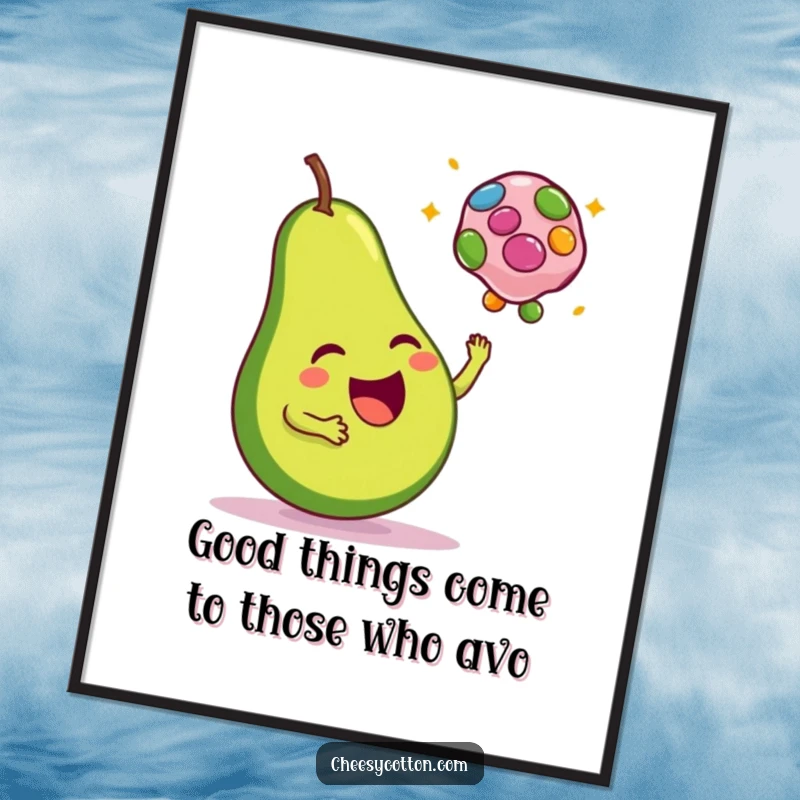 Funny Free Printable Wall Art: A happy avocado is captured mid-toss with a colorful bean bag, adding cheer.
