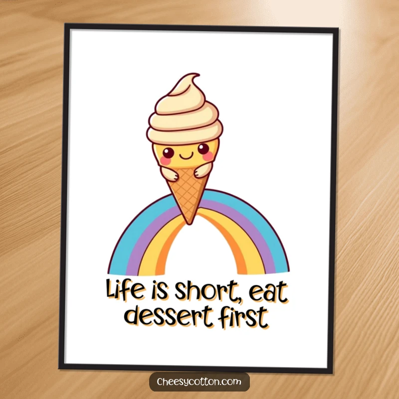 Funny Free Printable Wall Art: A cheerful kawaii ice cream cone character joyfully sliding down a vibrant rainbow.