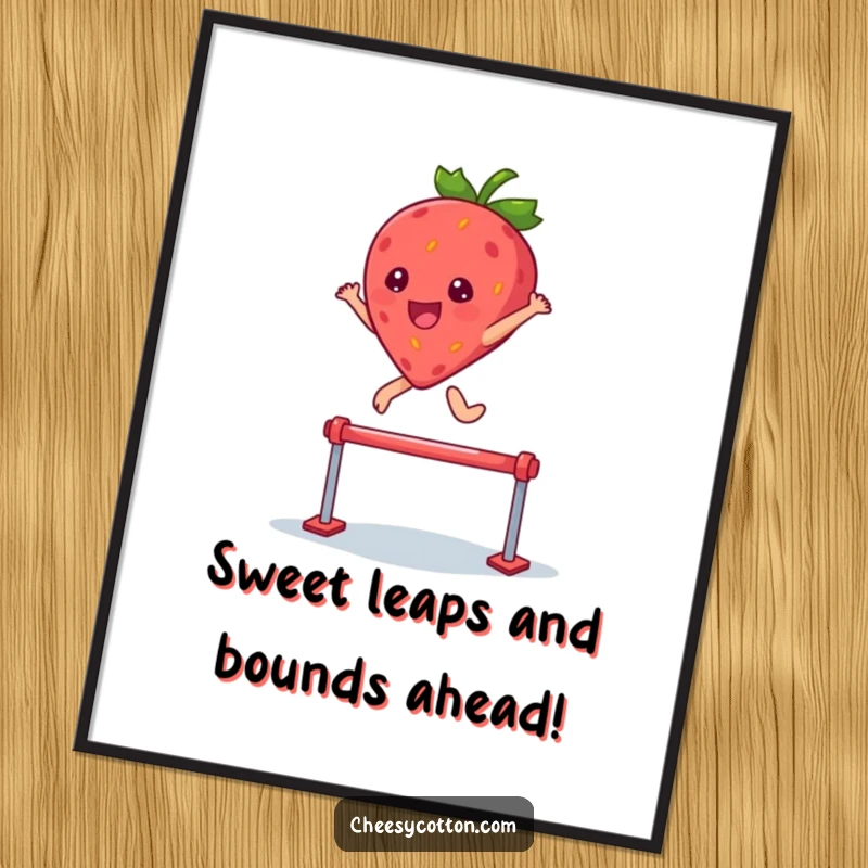 Funny Free Printable Wall Art: A super cute kawaii strawberry character joyfully leaping over a small hurdle with a huge smile.