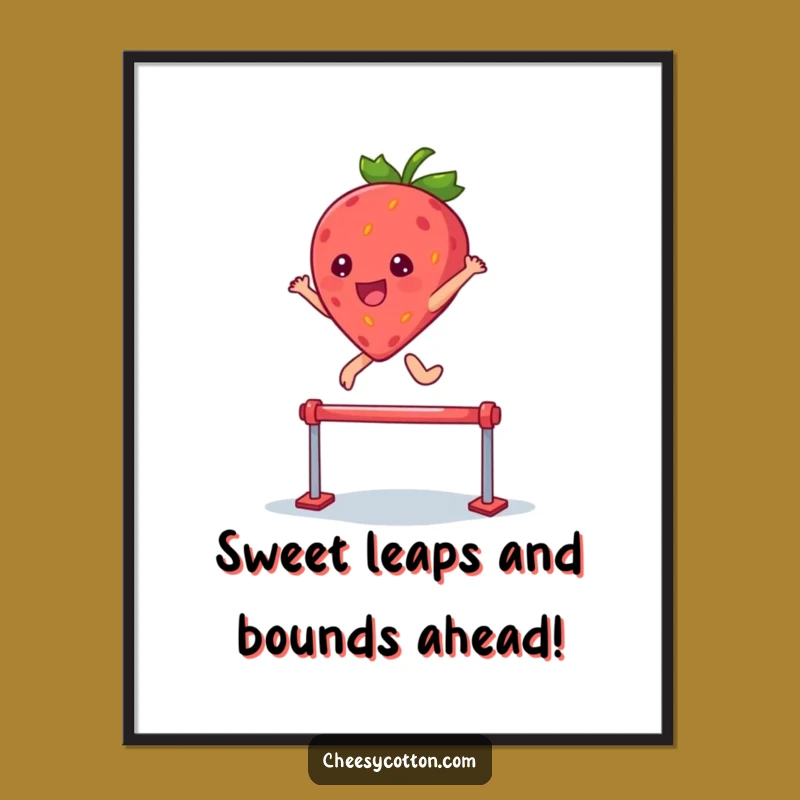 Free Printable Wall Art: Kawaii Strawberry Leaping Hurdle Funny Downloadable Art