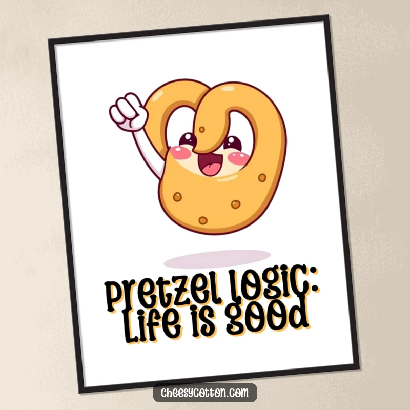 Funny Free Printable Wall Art featuring a cheerful pretzel triumphantly pumping its fist, ready to add a dose of humor and energy.