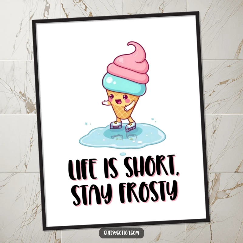 Funny Free Printable Wall Art: A playful ice cream cone character attempting to ice skate on a puddle.