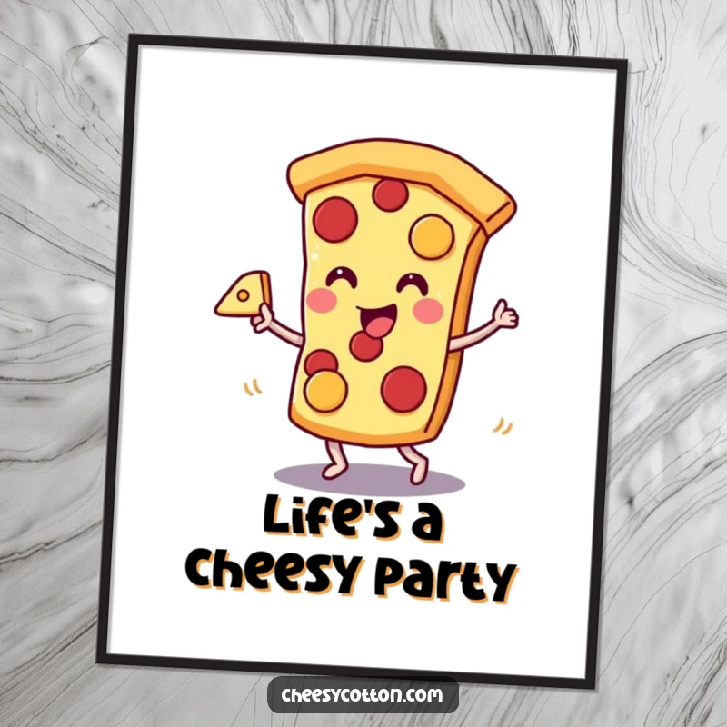 Funny Free Printable Wall Art: Kawaii pizza slice character doing a cheerful dance with a slice of cheese, bringing cheesy joy to decor.