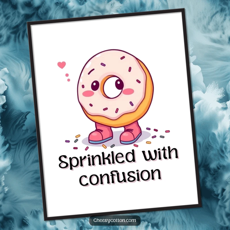 Funny Free Printable Wall Art: Confused donut character in small boots hilariously stepping into a colorful pile of sprinkles.