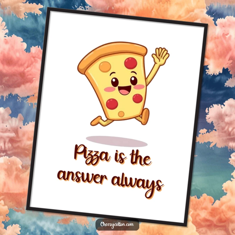 Funny free printable wall art depicting a joyful pizza slice character leaping upwards, offering a friendly high five.