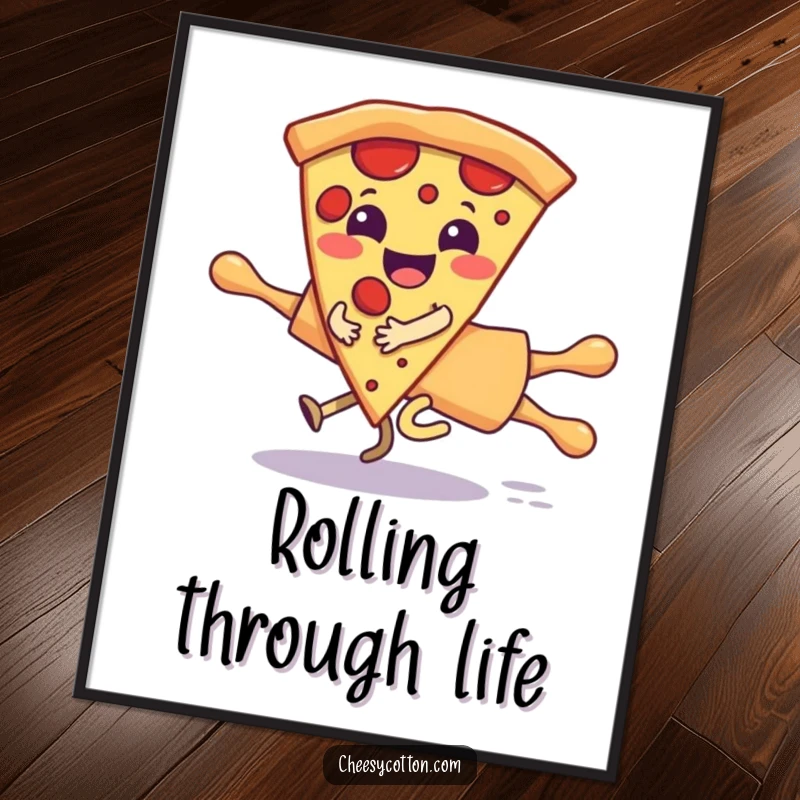 Funny Free Printable Wall Art: Giggling pizza slice character humorously riding a speeding runaway rolling pin.