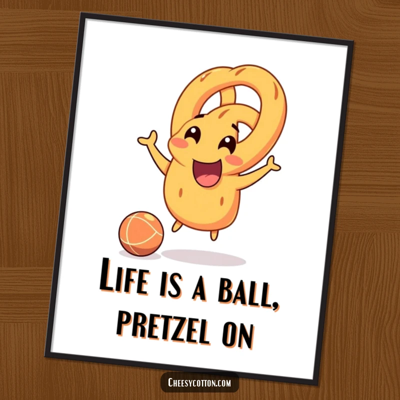 Funny Free Printable Wall Art: Smiling pretzel character joyfully bouncing a rubber ball, playful and cute art.