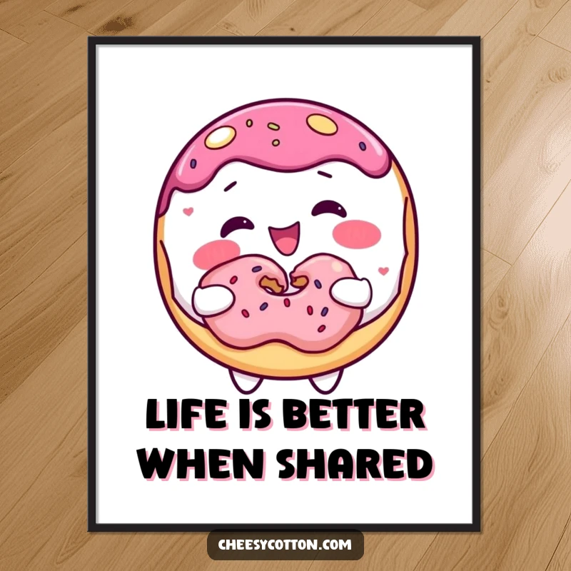 Funny Free Printable Wall Art: A cheerful donut character joyfully offering a piece of itself to share.