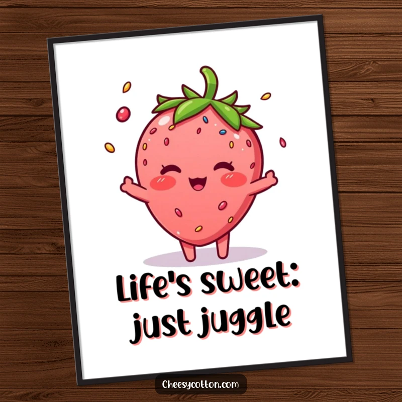 Funny Free Printable Wall Art: A blushing strawberry character skillfully juggling three vibrant sprinkles.