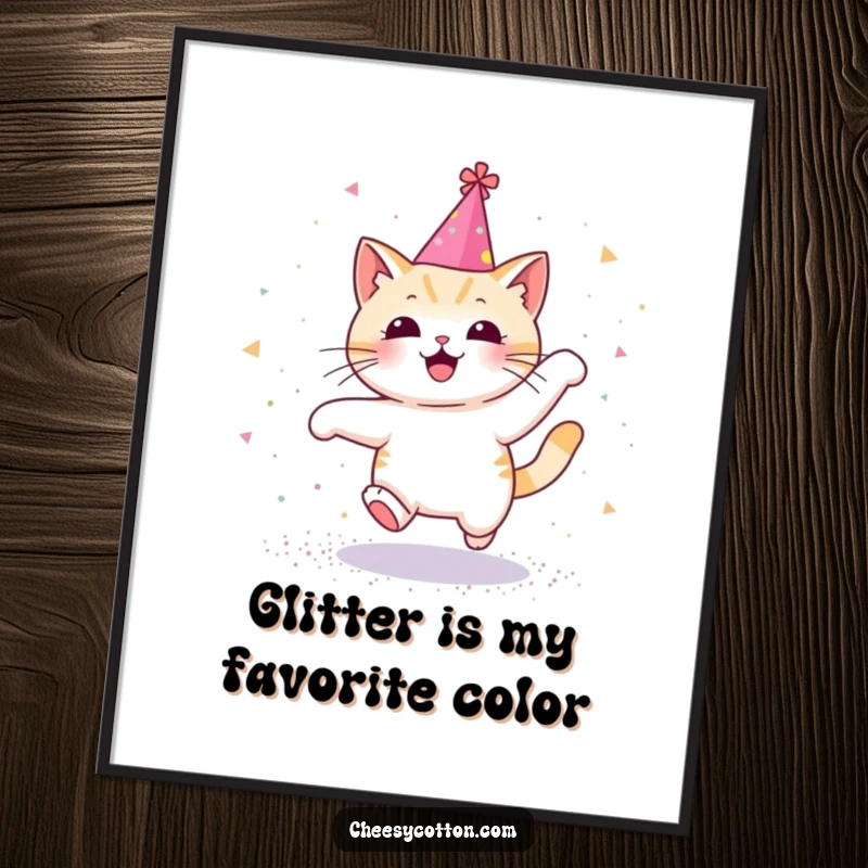 Funny free printable wall art: a kawaii cat wearing a party hat is joyfully leaping through a shower of glitter.