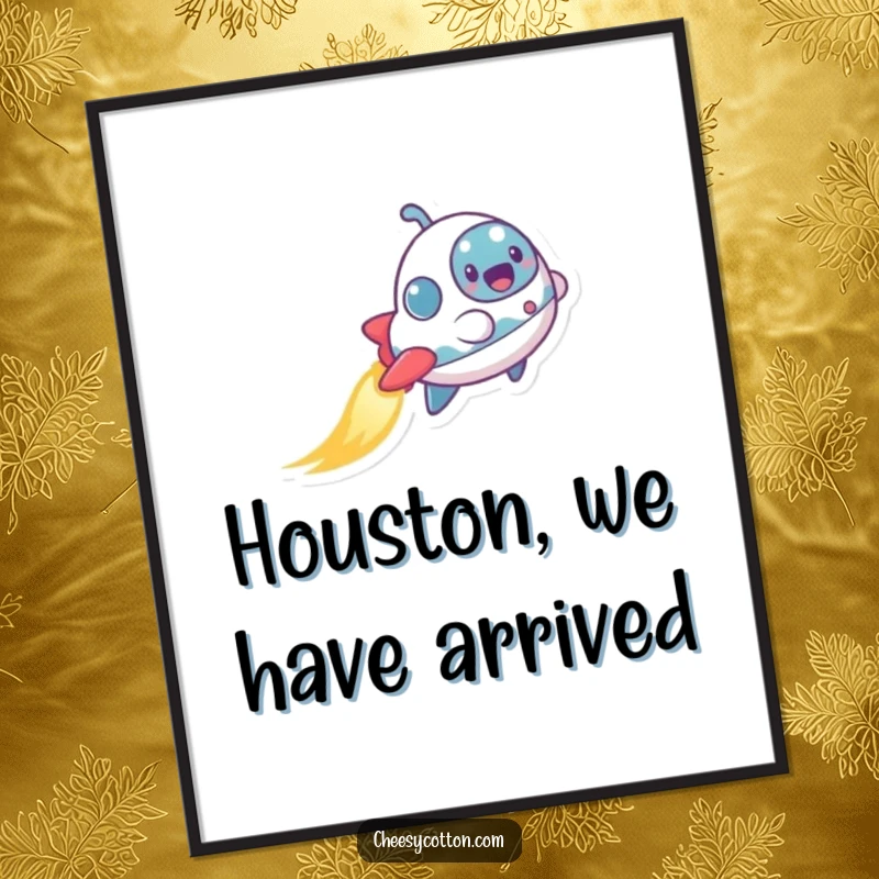 Funny Free Printable Spaceship Wall Art featuring a tiny, excited character blasting off with a shimmering trail, perfect decor.