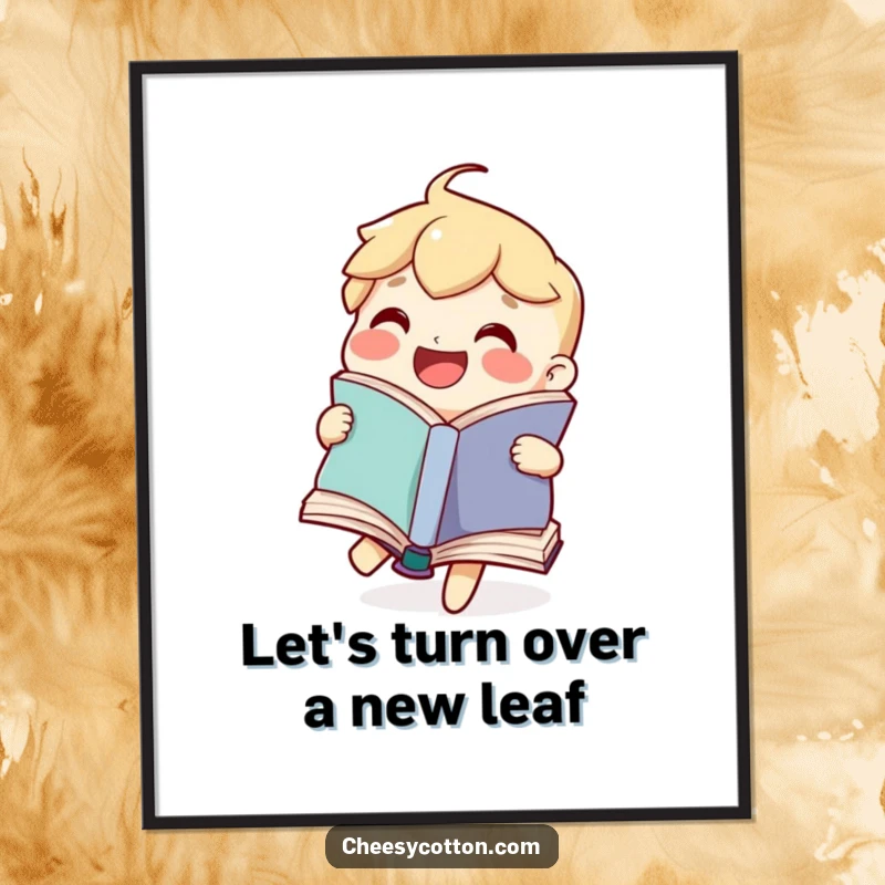 Funny Free Printable Book Wall Art featuring a joyful character happily flipping pages, perfect for libraries or studies.