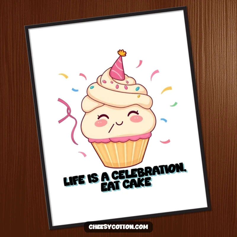 Funny Free Printable Wall Art: A cheerful cupcake character blissfully blows a cascade of colorful party streamers.