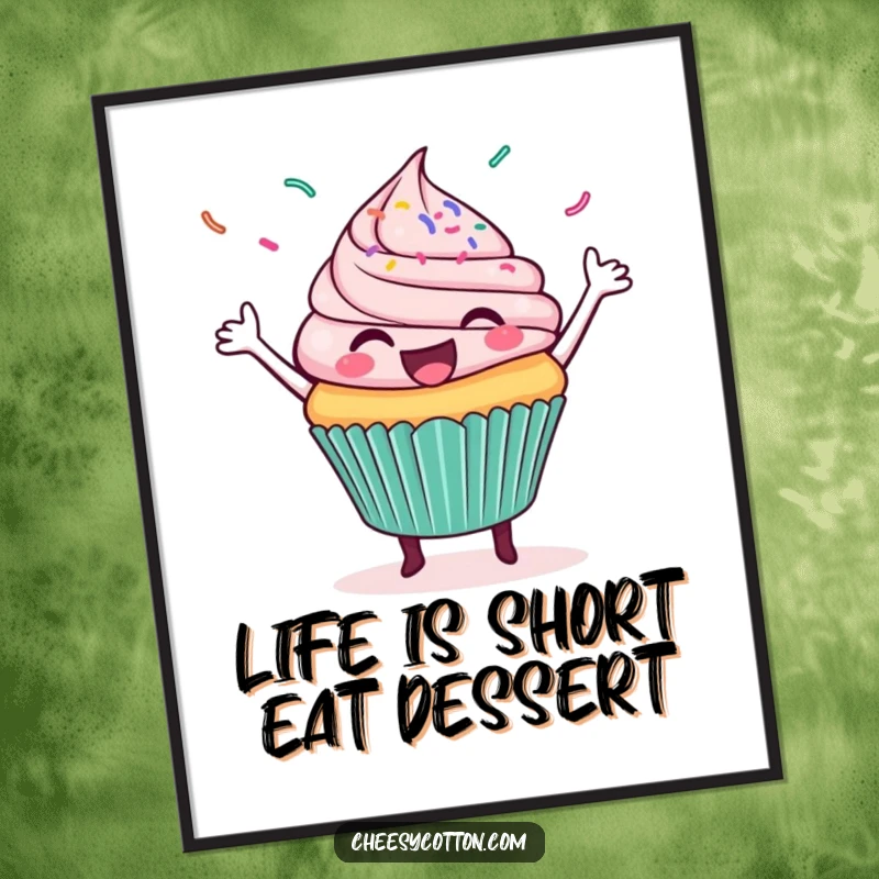 Funny Free Printable Wall Art depicting a delighted cupcake doing a celebratory dance with a cascade of flying sprinkles, adding sweet fun.