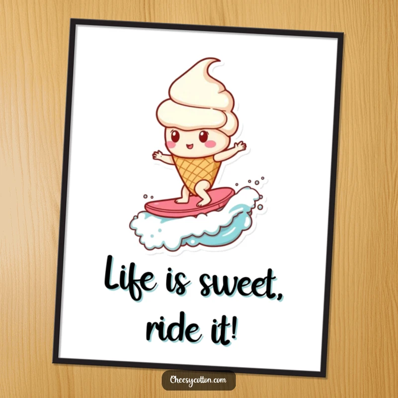 Funny Free Printable Wall Art: Ice cream cone character surfs a candy wave, a vibrant downloadable gift.