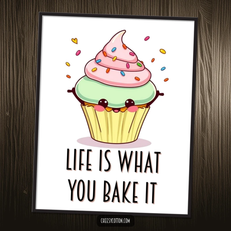 Funny Free Printable Wall Art: Cheerful cupcake character happily juggling colorful sprinkles, a sweet piece of downloadable art.