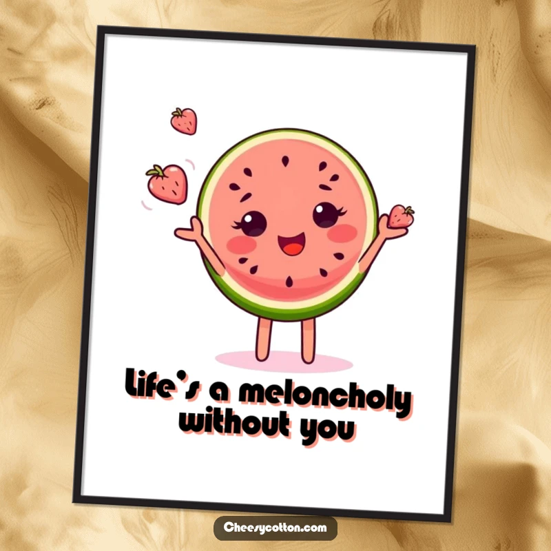 Funny Free Printable Wall Art: A delighted watermelon slice character juggling small, colorful fruits, adding a touch of whimsy.