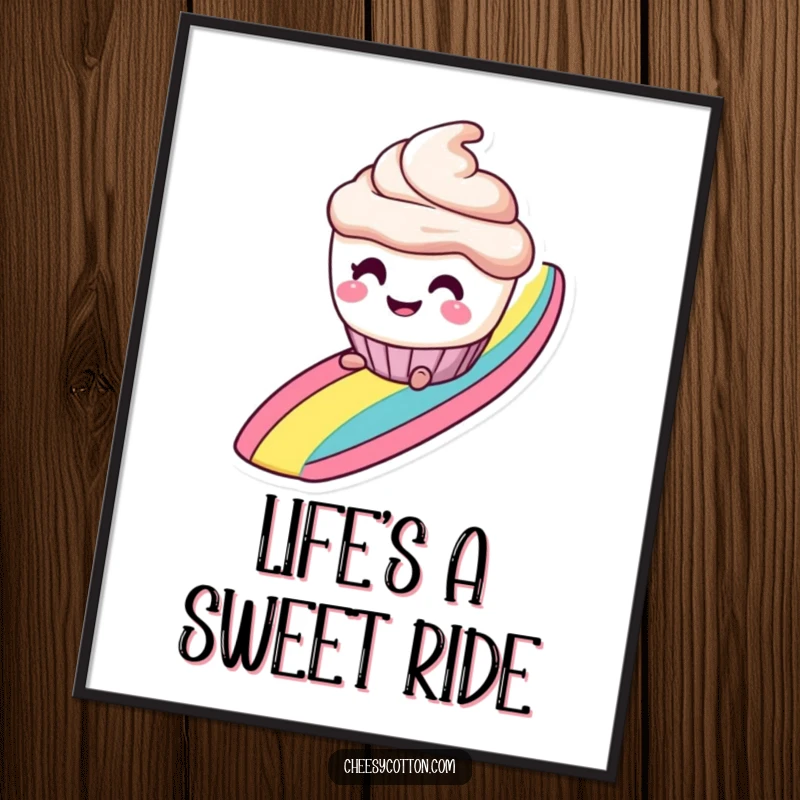 Funny free printable wall art: a smiling cupcake character with mischievous eyes is sliding down a vibrant rainbow.