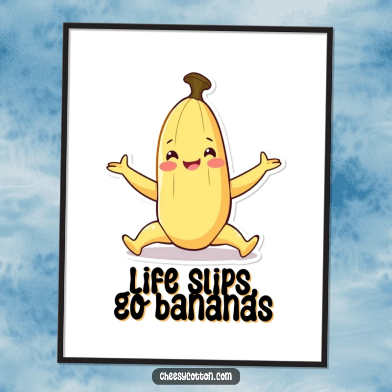 Funny Free Printable Wall Art: A smiling banana character in a perfect, playful split, exuding flexibility and fun.