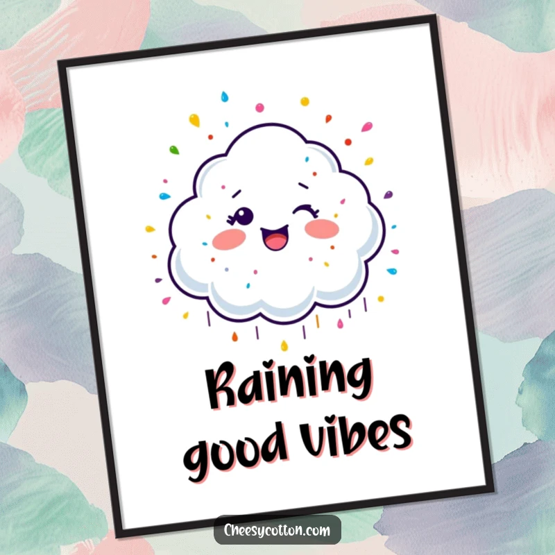 Funny Free Printable Wall Art: Giggling cloud character raining colorful sprinkles, a whimsical and joyful piece of downloadable decor.