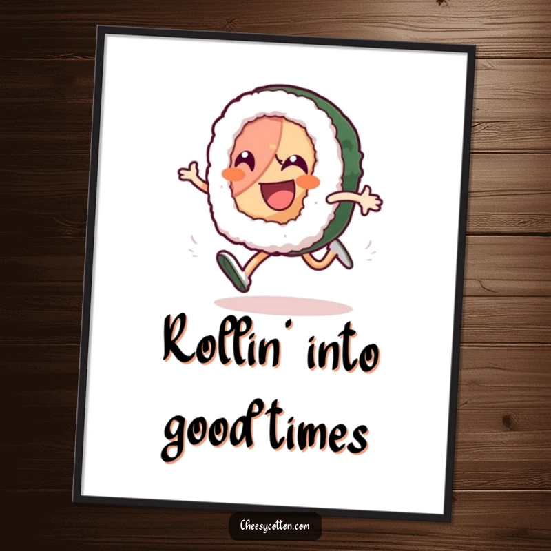 Funny Free Printable Wall Art: A smiling sushi roll character joyfully performing a high-kneed run, radiating pure, infectious energy and happiness.