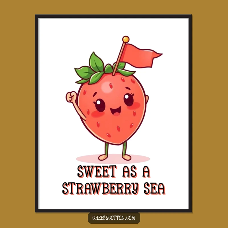 Funny Free Printable Wall Art: Waving Strawberry, Cute Downloadable Decor