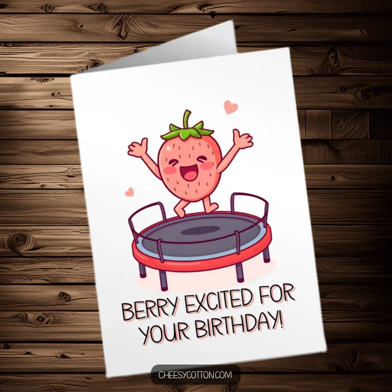 Funny Free Printable Birthday Card: A happy strawberry character gleefully bouncing high on a trampoline, celebrating a birthday.