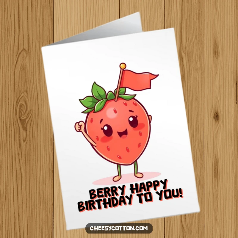Funny free printable birthday card showing a cute strawberry character with a big smile, enthusiastically waving a small, festive flag.