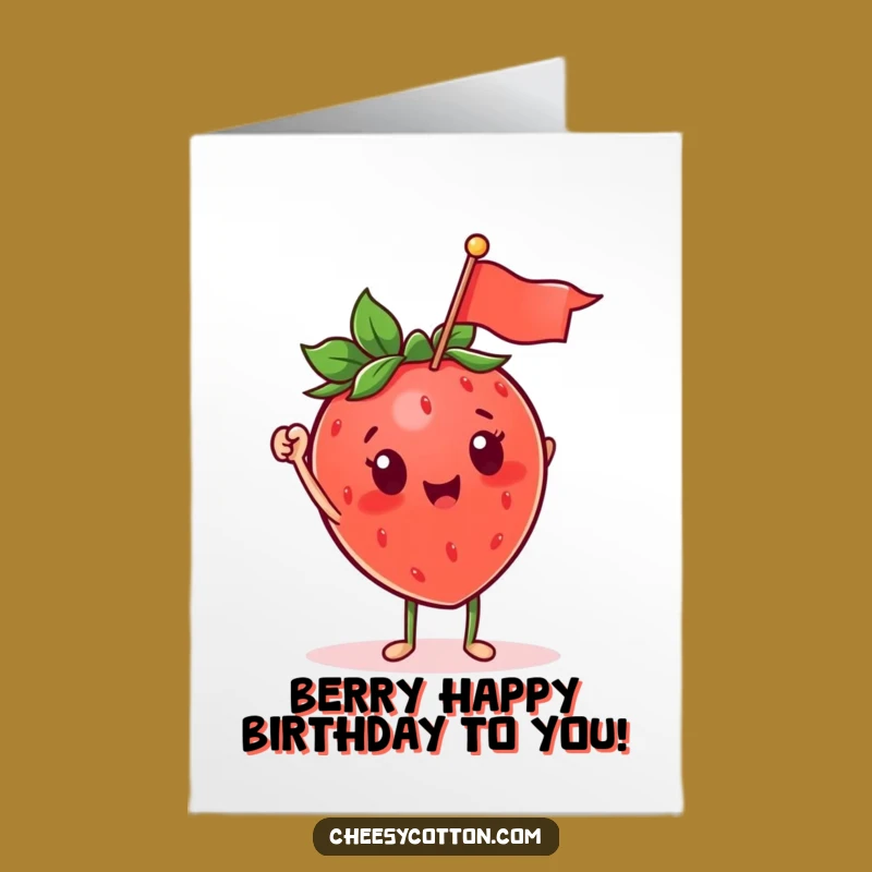 Free Printable Birthday Card: Waving Strawberry, Funny Cheerful Downloadable Gift