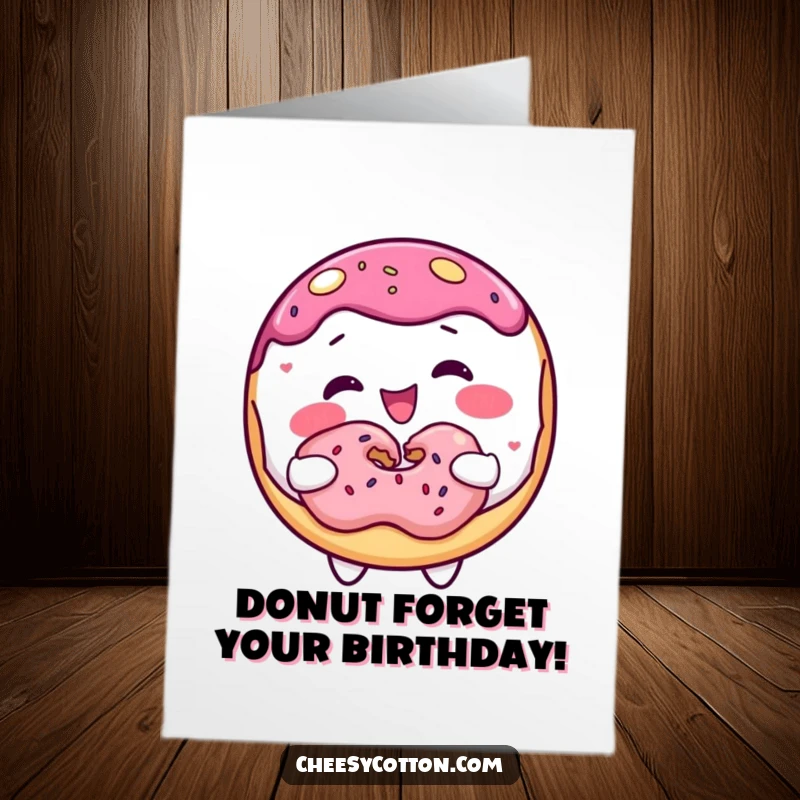 Funny Free Printable Birthday Card: A happy donut character joyfully offering half of their donut to someone.