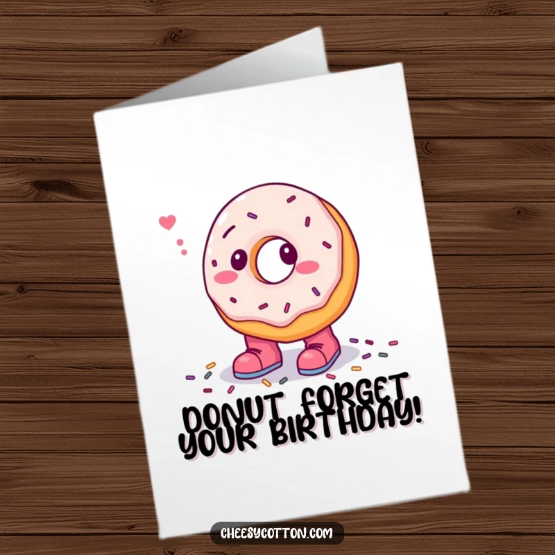 Funny Free Printable Birthday Card: Confused donut in tiny boots stepping into a pile of sprinkles, celebrating birthday.