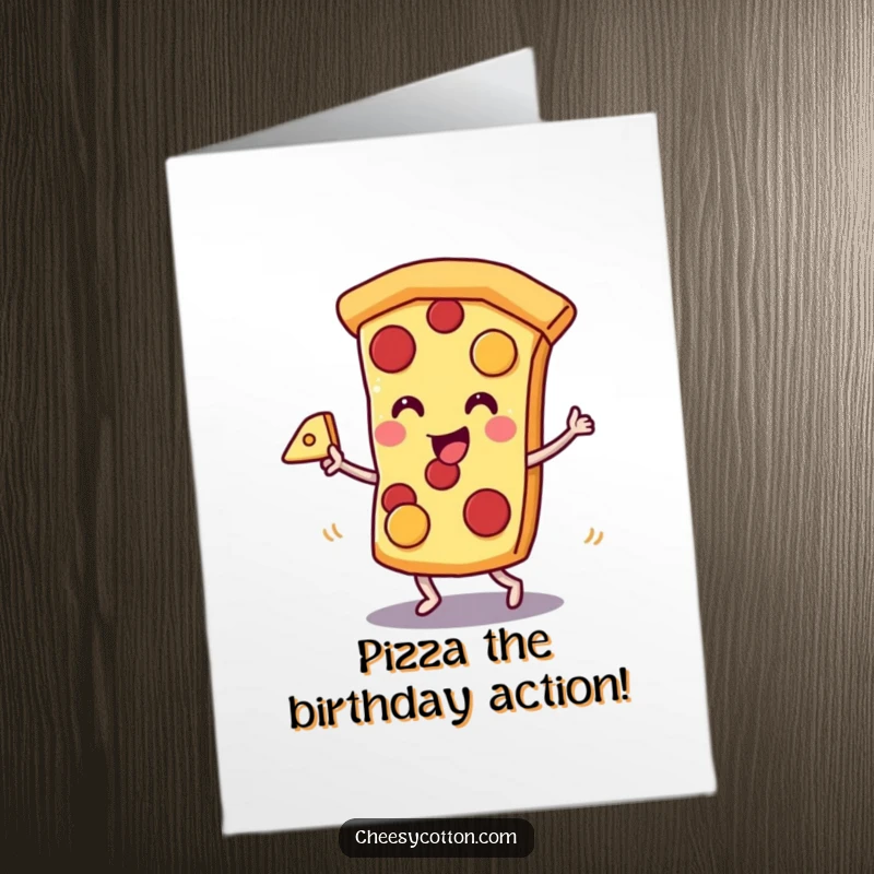 Funny Free Printable Birthday Card: Kawaii pizza slice character dancing joyfully with a slice of cheese, celebrating a cheesy birthday.