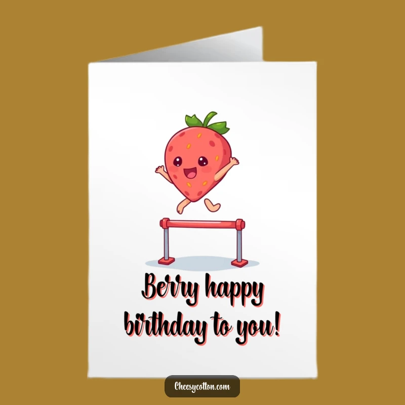 Free Printable Birthday Card: Kawaii Strawberry Leaping Hurdle Funny Downloadable Gift