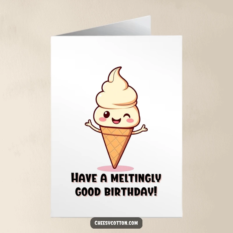 Funny Free Printable Birthday Card: A kawaii ice cream cone with a beaming smile joyfully performing a silly dance, spreading happiness.