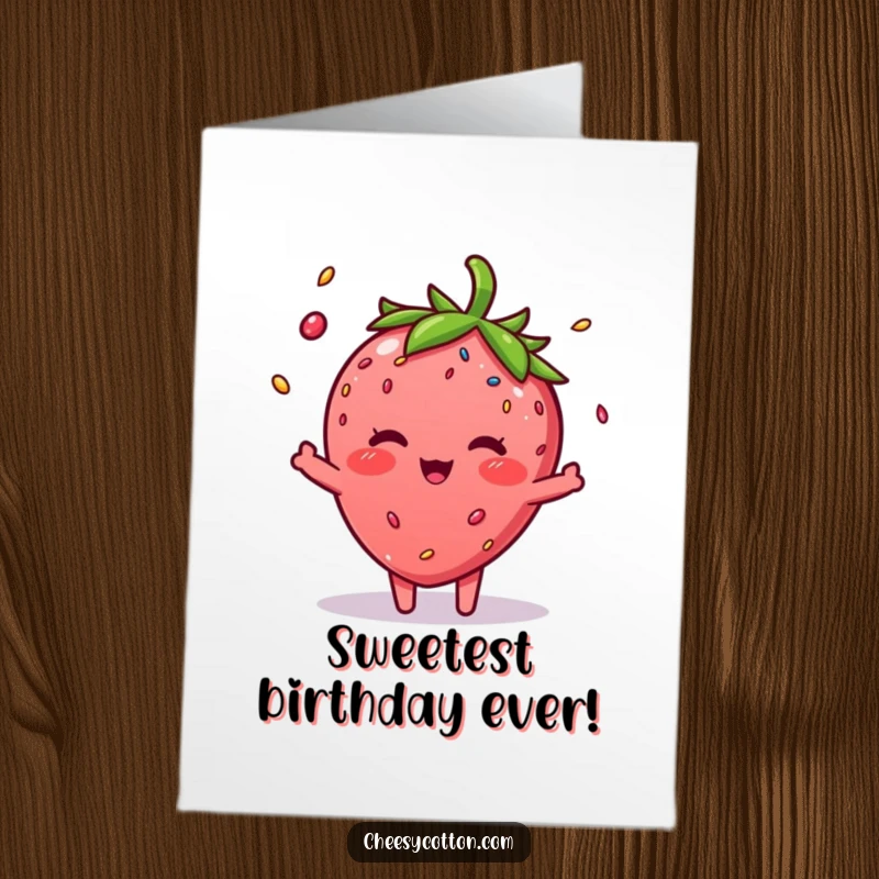 Funny Free Printable Birthday Card: A blushing strawberry character expertly juggling three colorful sprinkles with glee.