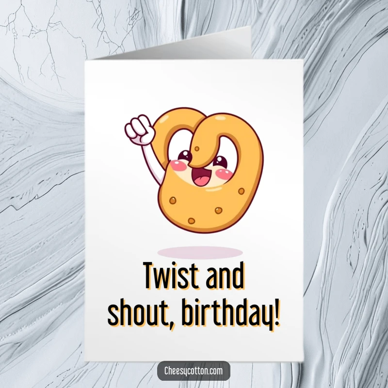 Funny Free Printable Birthday Card featuring a cheerful pretzel triumphantly fist-pumping, ready to celebrate any occasion with gusto.