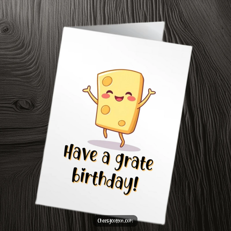 Funny Free Printable Birthday Card: A happy block of cheese doing a silly, joyful dance with its arms in the air.