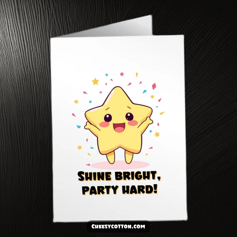 Funny free printable birthday card featuring a kawaii star character gleefully throwing a shower of colorful confetti.