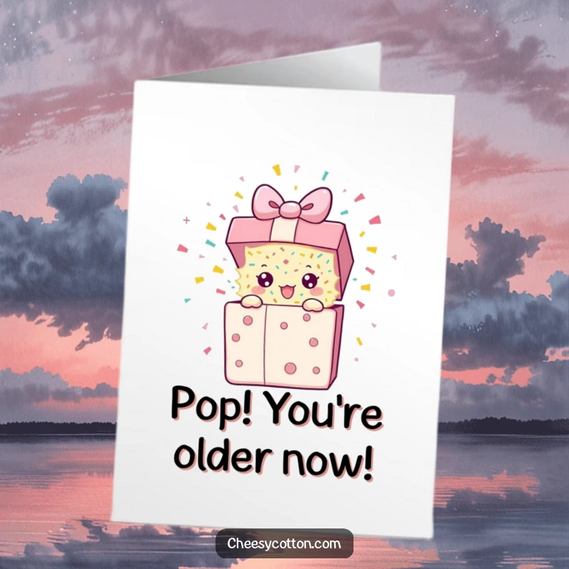 Funny free printable birthday card showing a cheerful present character bursting open with a confetti explosion, ready for gifting.