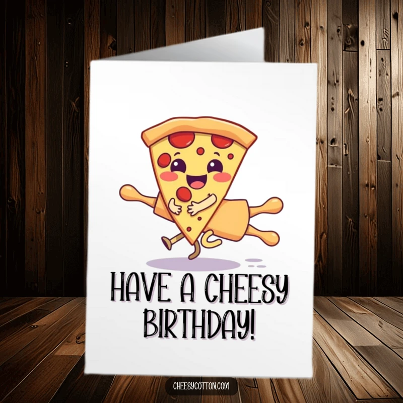 Funny Free Printable Birthday Card: Giggling pizza slice character joyfully riding a runaway rolling pin, celebrating birthday.