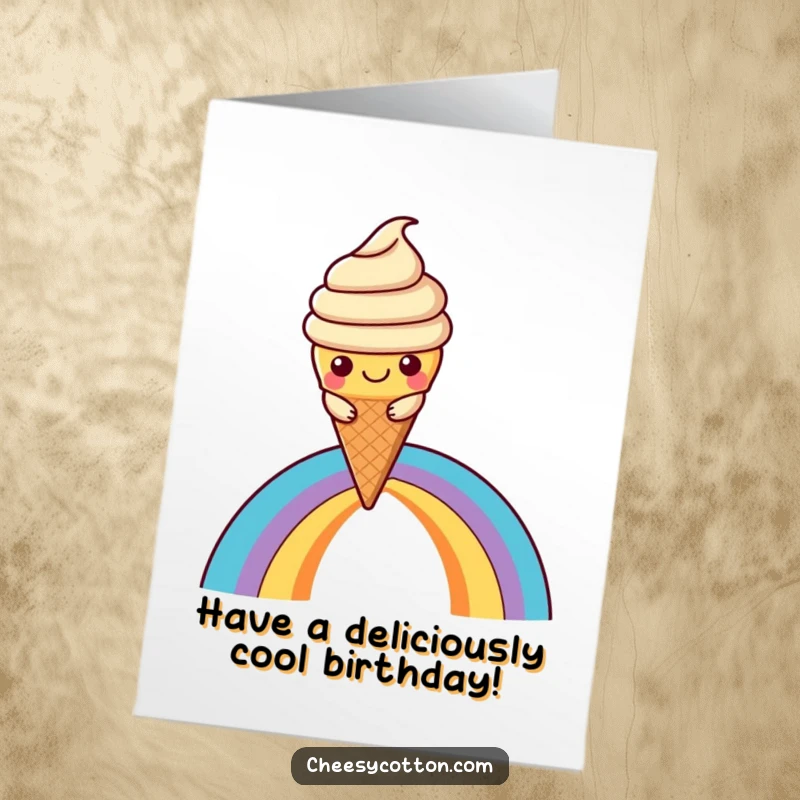 Funny Free Printable Birthday Card: Cheerful kawaii ice cream cone sliding down a vibrant rainbow with glee.