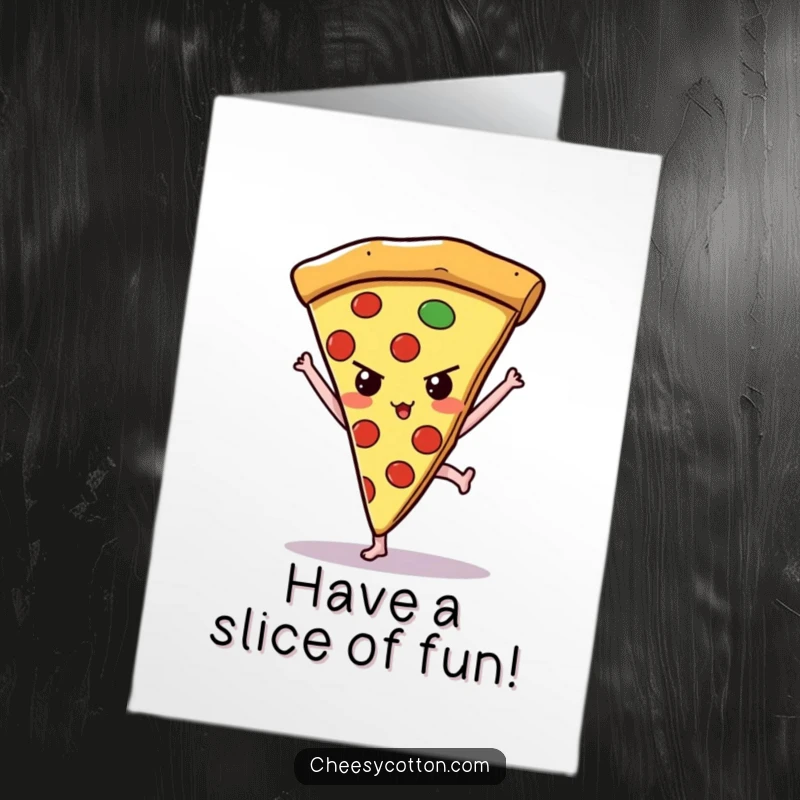 Funny Free Printable Birthday Card: A kawaii pizza slice with a determined face attempting a handstand, celebrating with gusto.