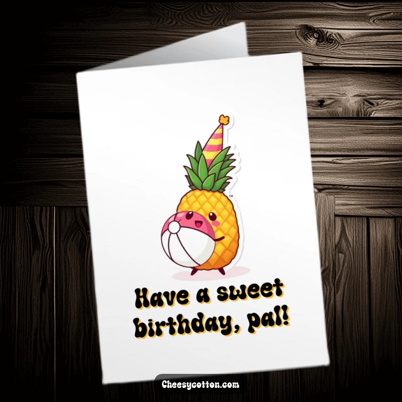 Funny Free Printable Birthday Card: A kawaii pineapple in a party hat joyfully bouncing a beach ball.
