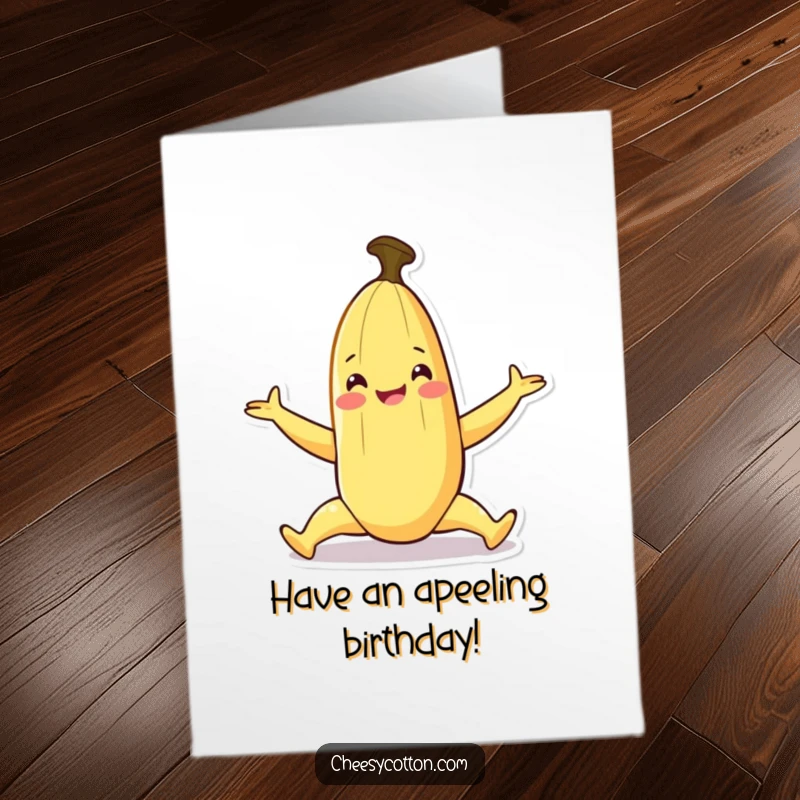 Funny Free Printable Birthday Card: A smiling banana character impressively performing a playful split with great flexibility and joy.