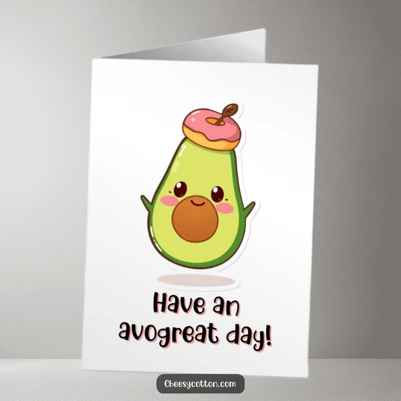 Funny Free Printable Birthday Card: Smiling avocado character skillfully balancing a small donut on its head.