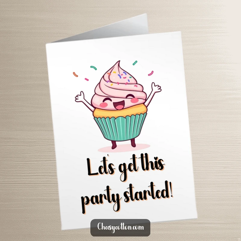 Funny Free Printable Birthday Card showing a delighted cupcake dancing joyfully with sprinkles flying, perfect for spreading birthday cheer.