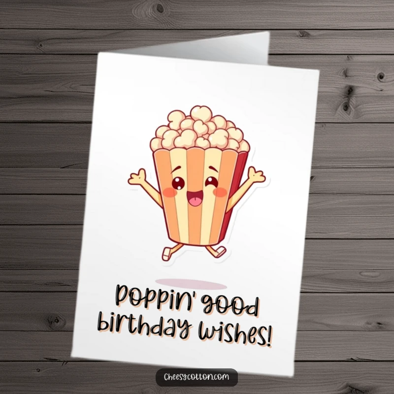 Funny Free Printable Birthday Card: A cheerful popcorn bag character captured mid-leap, looking incredibly excited and happy.