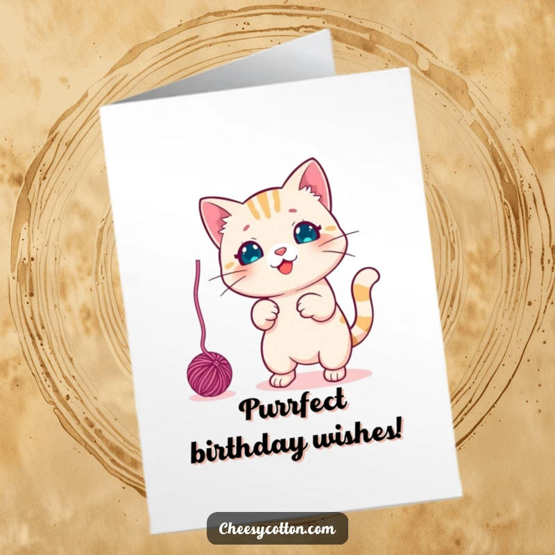 Funny free printable birthday card featuring a cute kawaii cat character playfully swatting at a dangling ball of yarn.