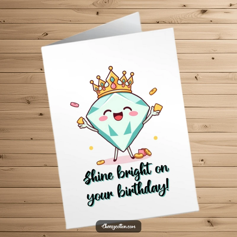 Funny Free Printable Birthday Card: Joyful diamond with crown tosses snacks, a sparkling downloadable gift.